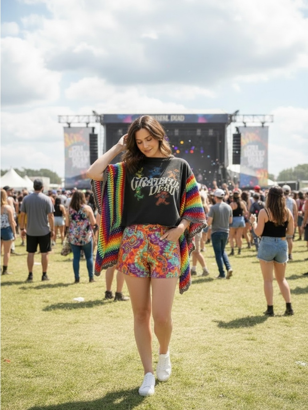 Grateful Dead Rainbow Bear Crocheted Sleeve Top - Black & Rainbow handmade - Picture 2 of 4